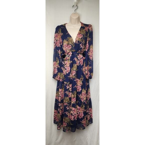 Sofia Jean Cutout Midi Floral Bouquet Balloon Sleeve V-Neck Blue Dress Size L - Picture 4 of 14